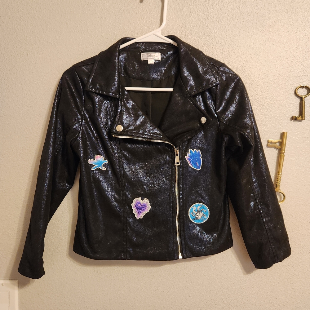 Disney Black Leather Jacket with Colorful Patches